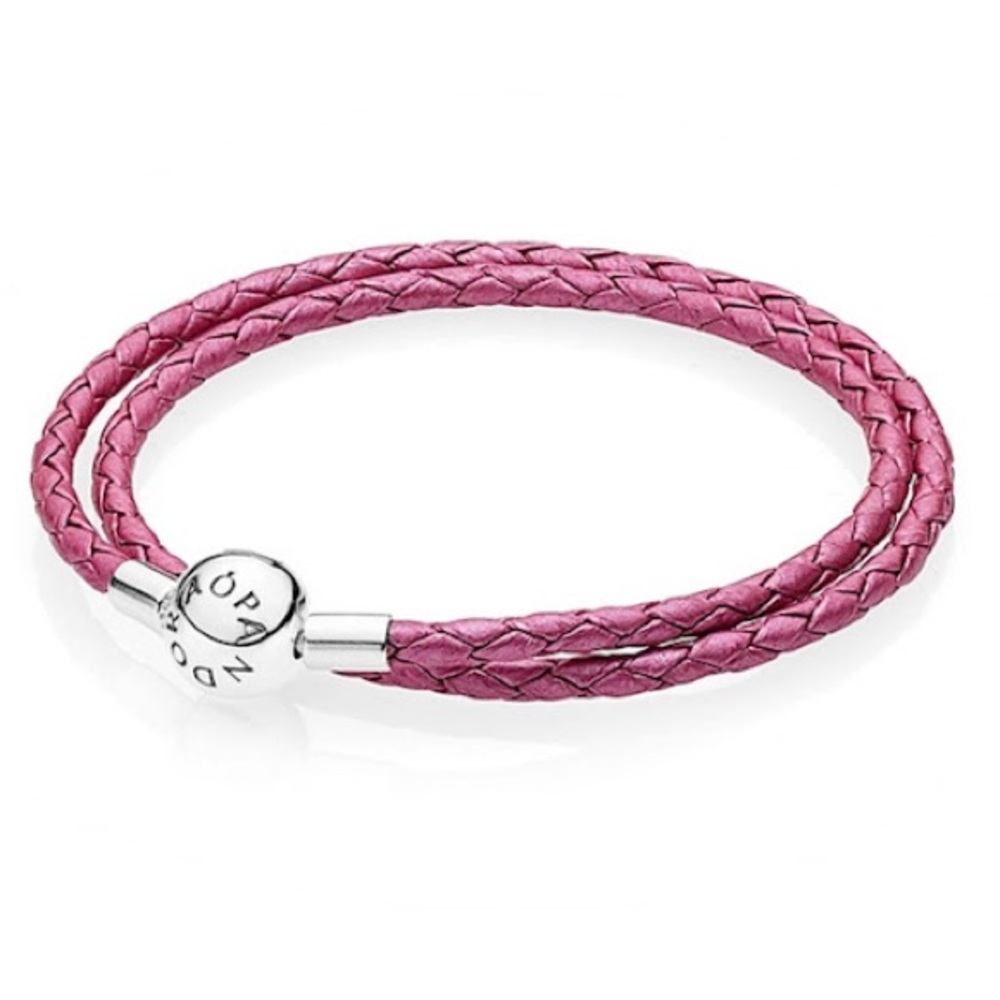 Pandora Double Wrap Dark Pink Leather Bracelet Sterling Silver Clasp 13:5 inches